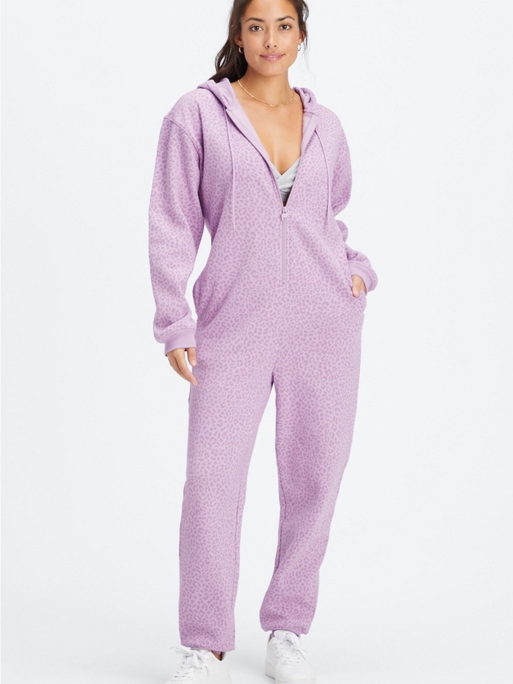 Fabletics forever fleece Light Purple Leopard Print hooded onesie